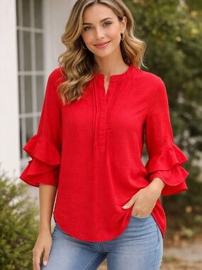 Vince Camuto Red Tiered Ruffle Sleeve Blouse